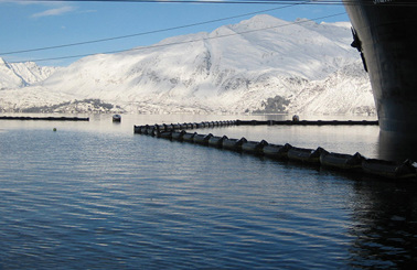 Ship in snowy harbor, with mountains and bridge in the background.