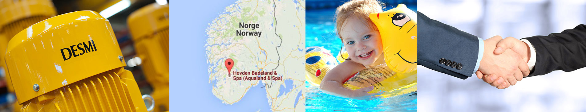 DESMI pump, Norway map, child in pool, and handshake.