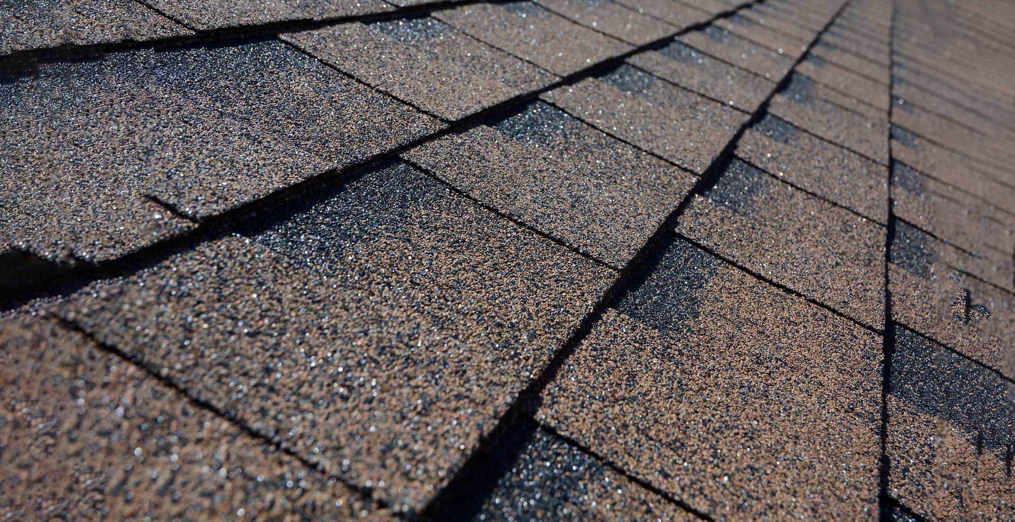 Close-up of textured asphalt roof shingles with sunlight reflecting on them.