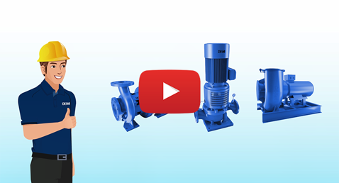 Illustration of DESMI pumps with a person giving a thumbs-up and a play button.